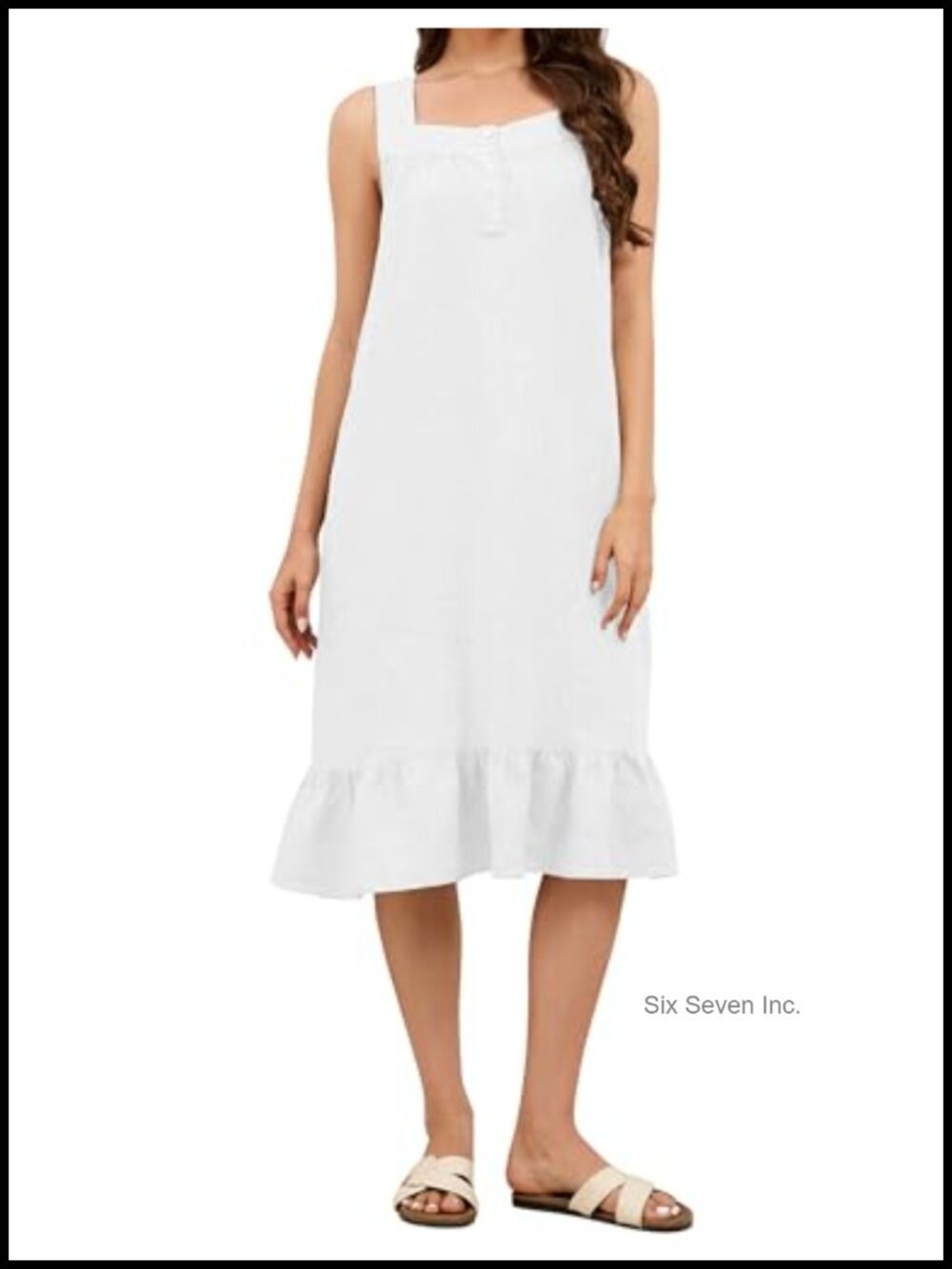 100% Linen Midi Dress Sleeveless V Neck Button Front Ruffle Relaxed Fit